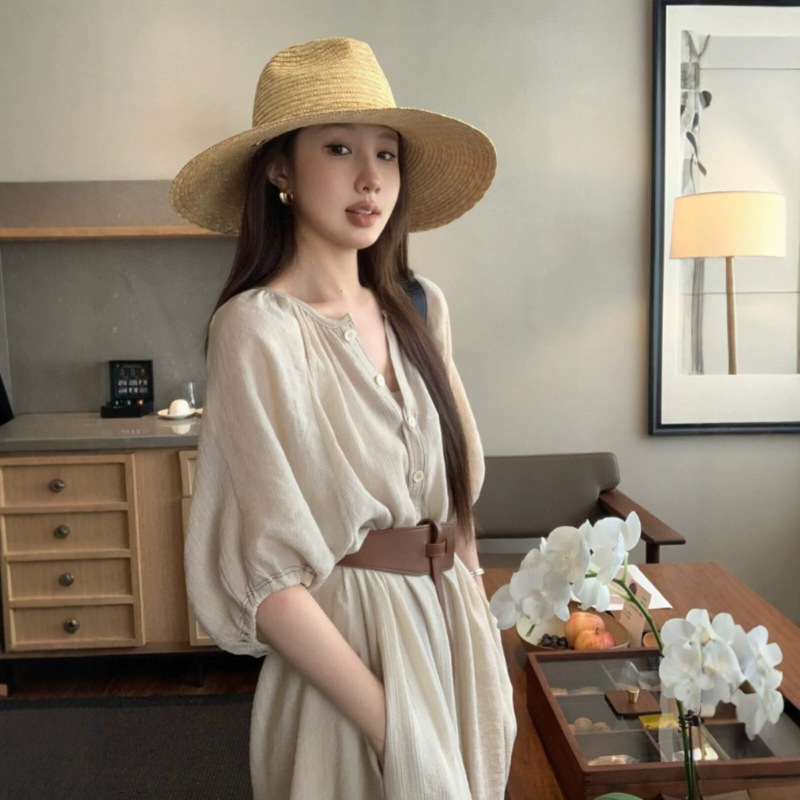 Super Stylish Vacation-Style Arm-Covering Dress for Women, Summer Plus-Size, Waist-Cinching, Tummy-Concealing, Pocketed Chiffon Long Dress