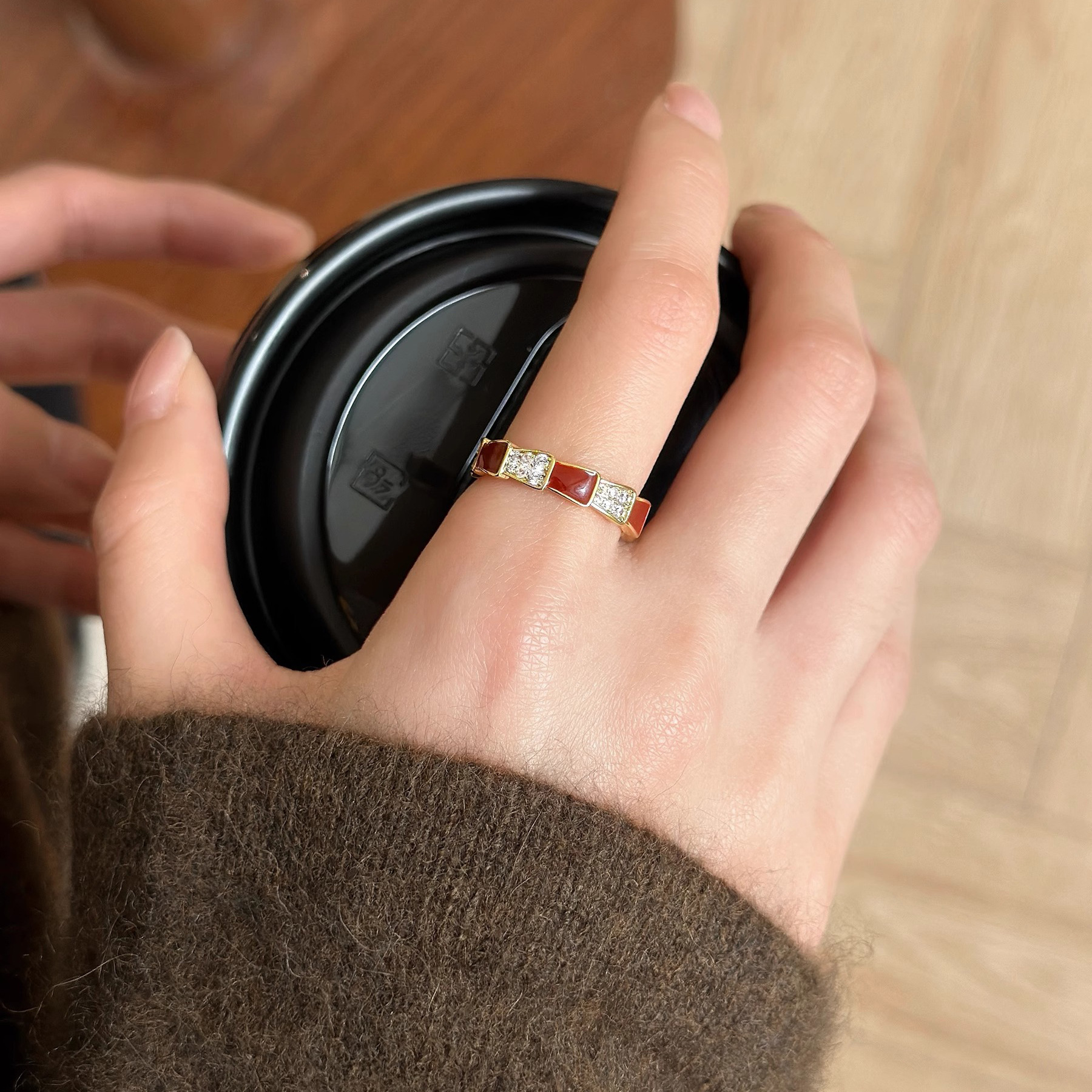Französischer Weinroter Emaille Ring Mit Bambusmuster Verstellbar_voghion.com