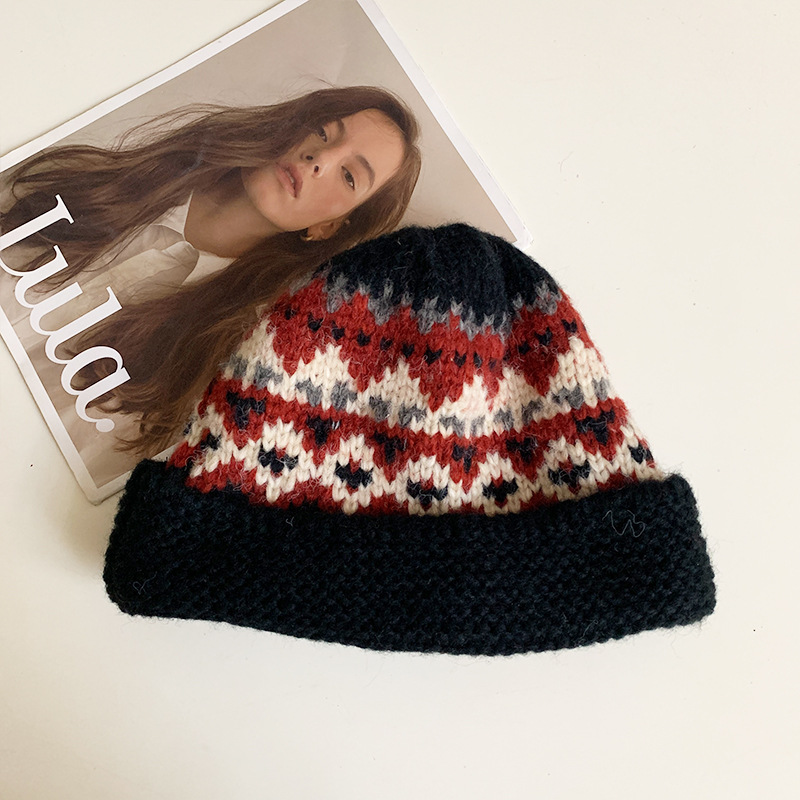フェア島風毛糸帽子女子秋冬レトロ百合大頭囲保温ニット帽子顔小耳保護帽子