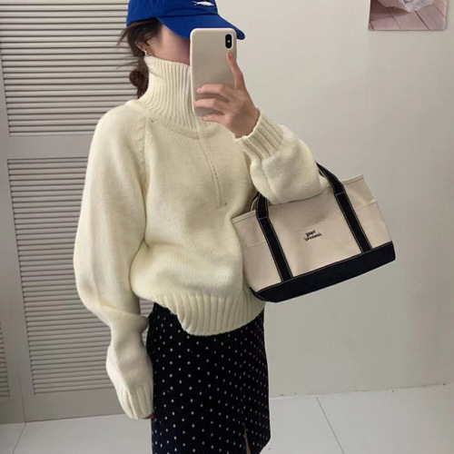 KANING Women's Half-High Collar Zipper Red Sweater 2025 Autumn Design-Sensitive Loose Hooded Knit Top