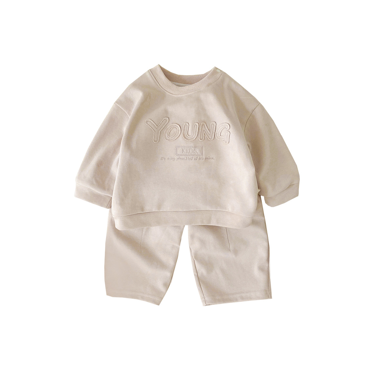 2025 primavera ropa para niños coreanos, traje para niños, suéter y pantalón de dos piezas con letras grandes de color sólido