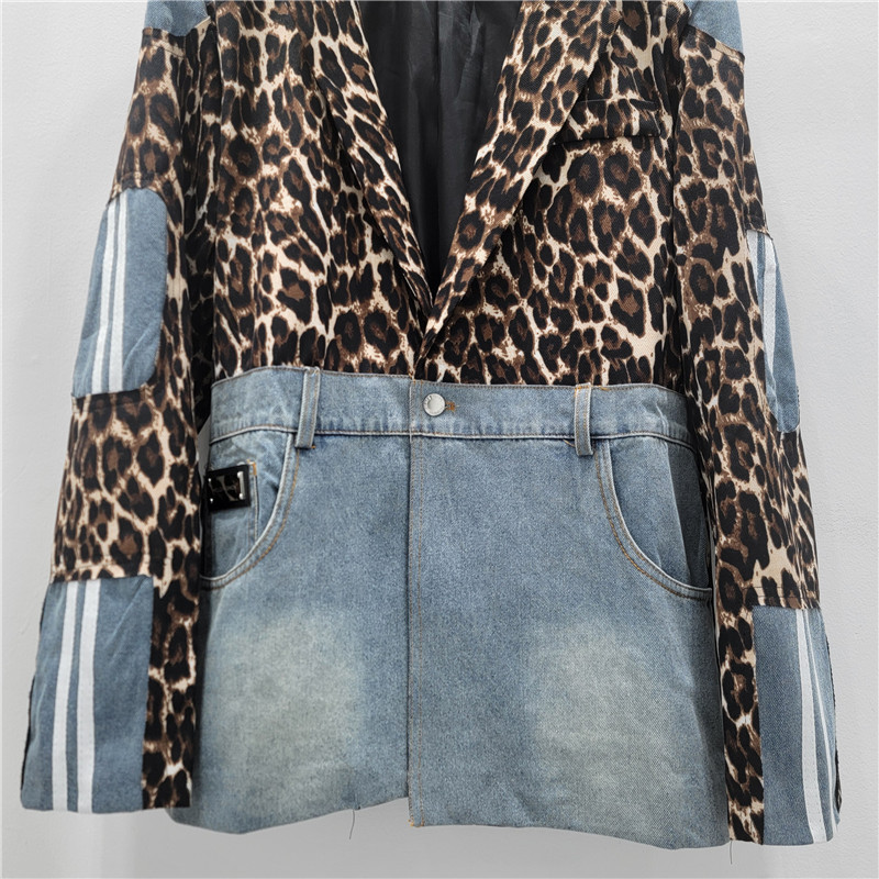 Saco Blazer con Estampado de Leopardo y Mezclilla de Poliéster Manga Larga para Otoño