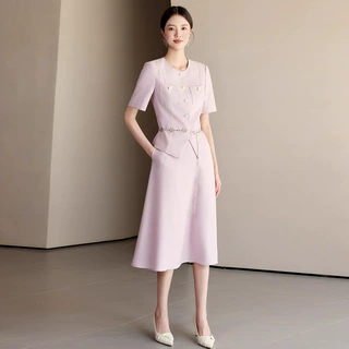 夏季短袖时尚浅粉色圆领职业女裙套装气质优雅显白修身显瘦正装OL
