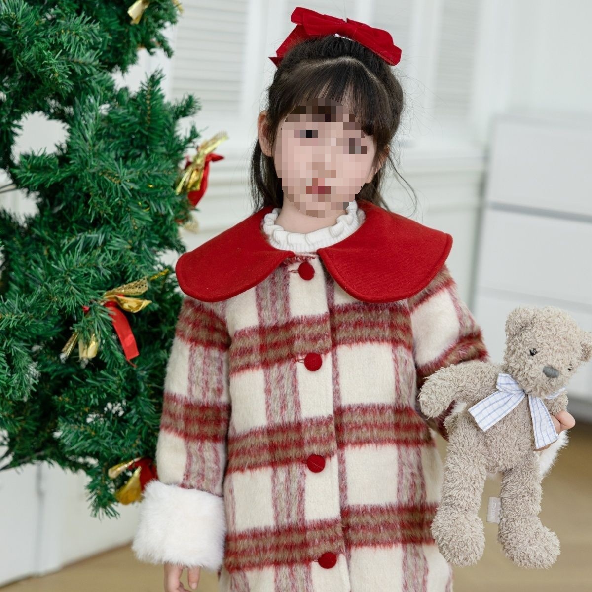 潮流娃娃领中长款呢子格子羽绒服外套国标90绒假一赔三尺码超时尚