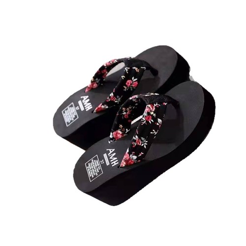 High-heeled thick-soled sandals for women, summer beach anti-slip herringbone sandals for ladies, floral fashionable Korean-style outerwear sandals