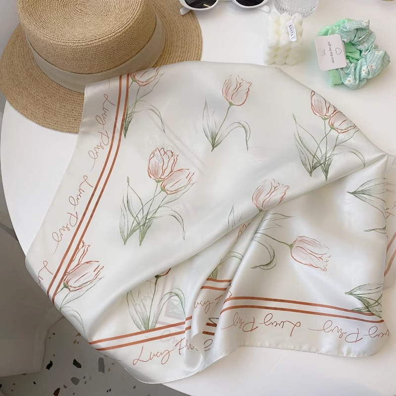 Coreano ~ ins literatura fresca pañuelo de mujer pañuelo de seda tulipa pañuelo de pañuelo romántico suave correa de pelo pañuelo decorativo