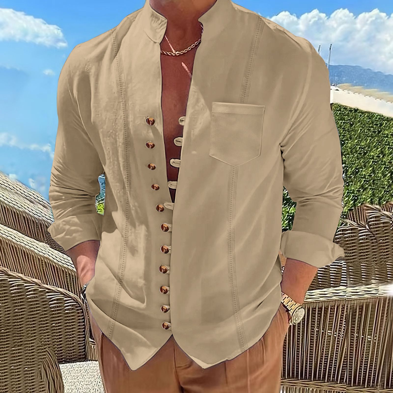 Men's Long-sleeve Patchwork Cotton-linen Coat With Pockets_voghion.com