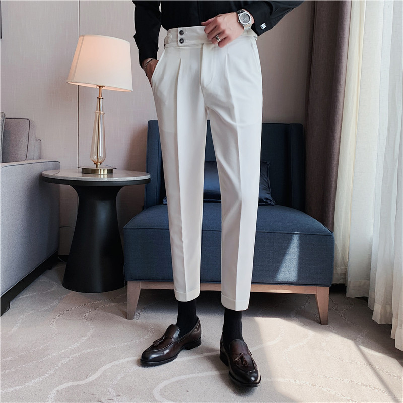 Pantalones de traje de los hombres naples italianos pantalones de cintura alta pantalones de los hombres de otoño e invierno teñido de hilo oscuro a rayas de calidad pantalones casuales