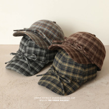 秋冬毛呢格子棒球帽女韩系复古蝴蝶结鸭舌帽学院风百搭显脸小帽子