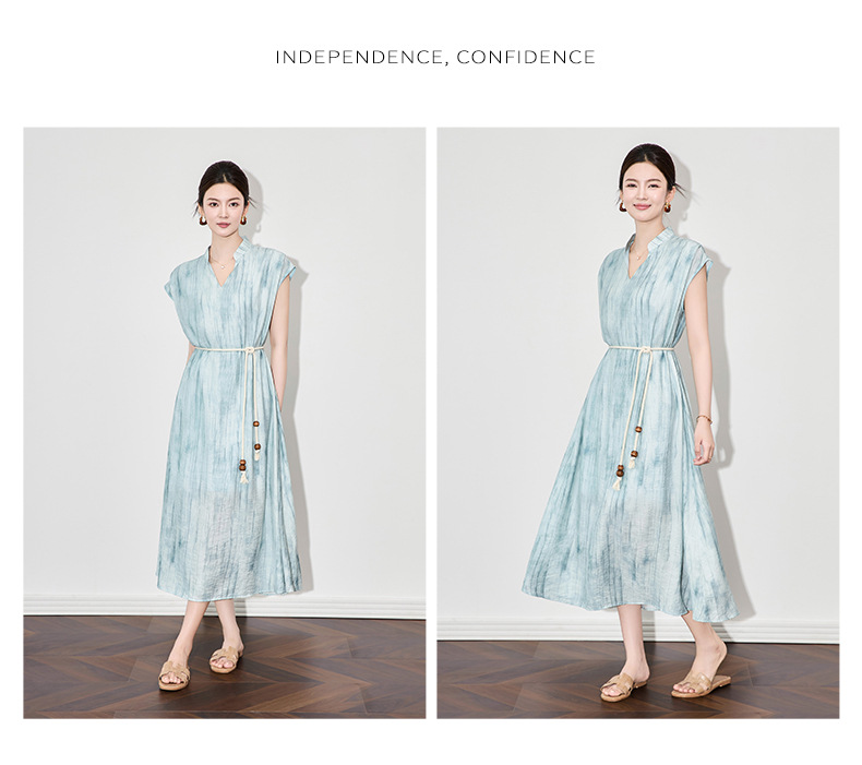 Váy dài nữ họa tiết mực jacquard Tencel phong cách nghỉ dưỡng mùa hè — Màu xanh lam chi tiết 8
