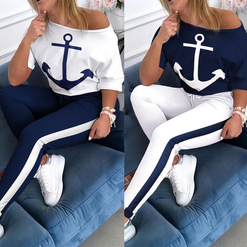 Al077 Cross-Border Wish European and American Clothing Two-Piece Short-Sleeved T-Shirt Navy Sports Suit Anchor Print Two-Piece Set