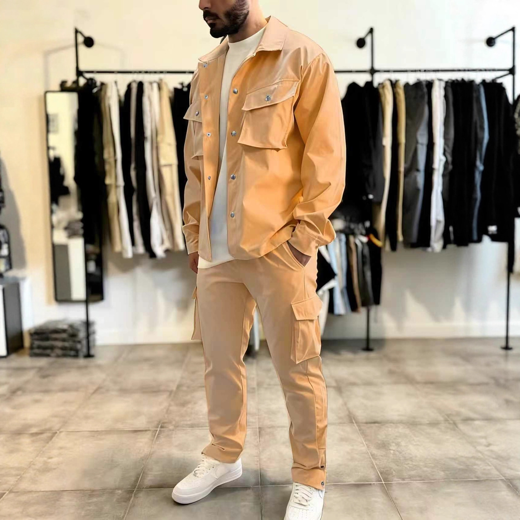 Monochrome Man- Cross-Border European American Spring/Autumn Men's Fashion Workwear Jacket Pants Set With Multi-Pocket Design And_voghion.com