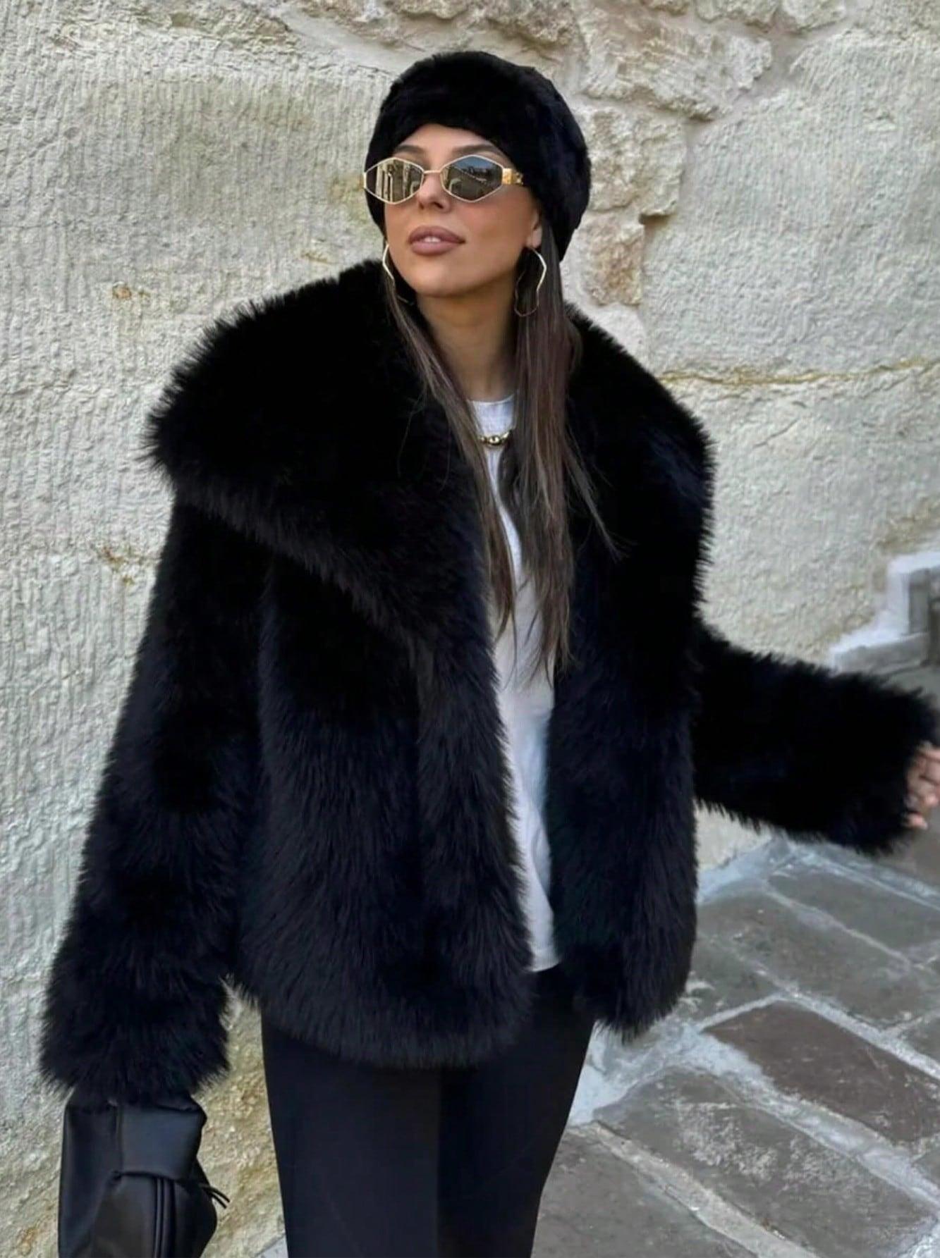 1743g Weight Faux Fur Coat Outerwear Type Long Sleeve Sleeve Length Polyester Fabric Type Regular Top Length Coat Tops Type Daily Occasion Turndown Neckline Loose Fit Type Solid Color Pattern Winter, Spring, Autumn Season Women's Gender Elegant Style Wine Red Color Women's Elegant Solid Color Coat Faux Fur Coat 13
