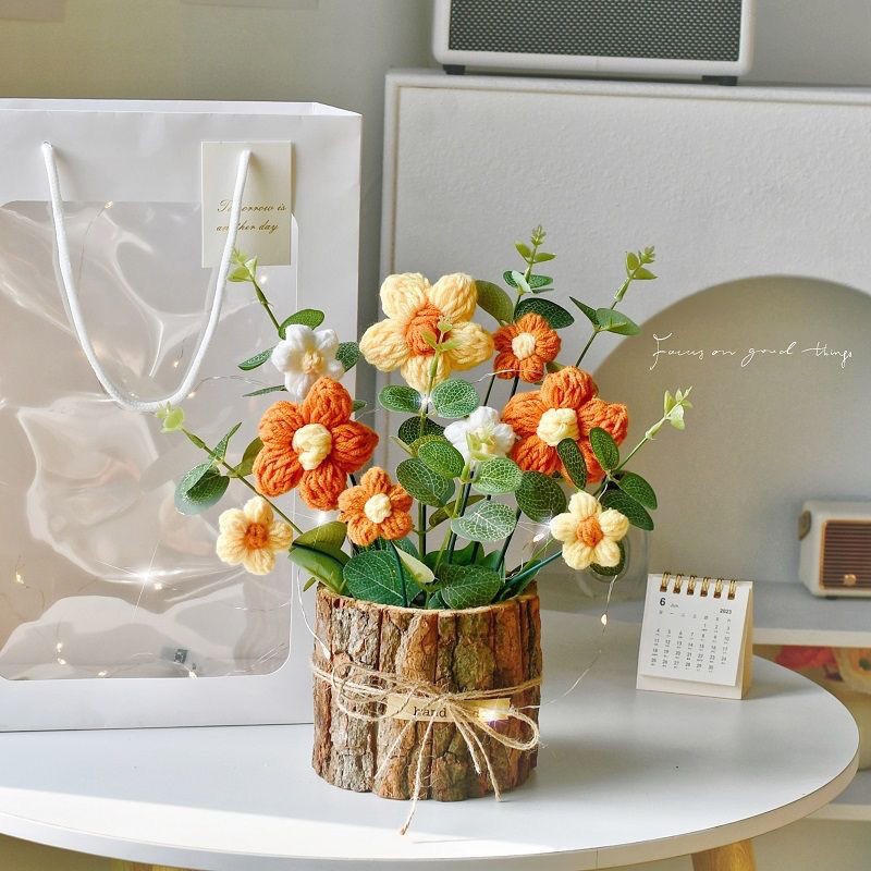 Caqui hecho a mano trenzado girasol ramo creativo frutas bayas tejido lana adornos