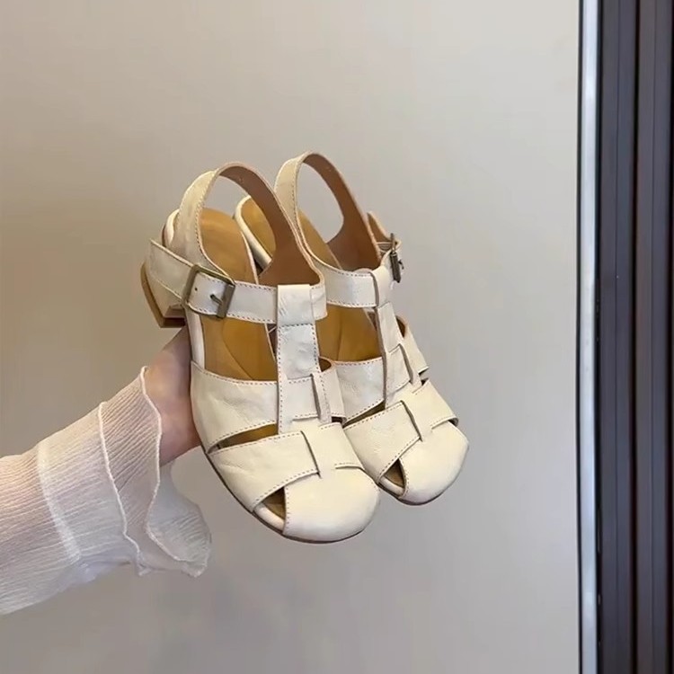 シープスキンバージョン～女性用フレンチジェントル通勤ローマンシューズ、女性用編み込み中空豚小屋シューズ、太ヒール本革サンダル|undefined