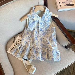 New Chinese Style Printed Polo Collar Sleeveless Top Girls Summer Advanced Temperament Off Shoulder Shirt Top