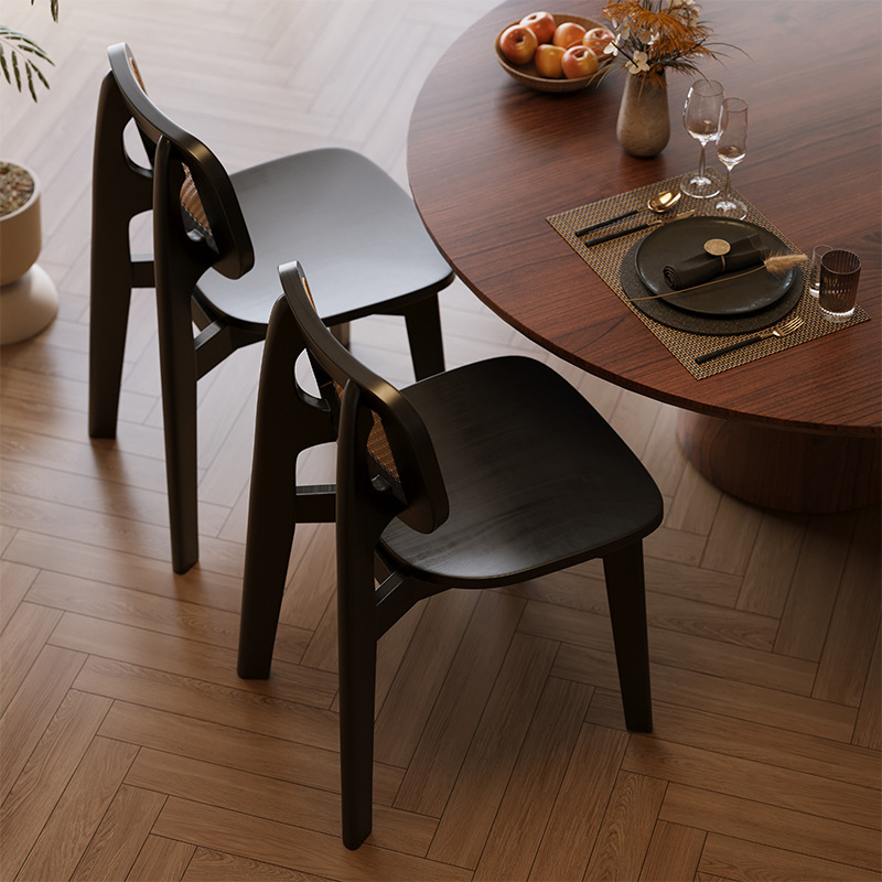 Silla de comedor de caña medieval mesa de té moderna casera silla de comedor silla retro diseño casual madera sólida negra