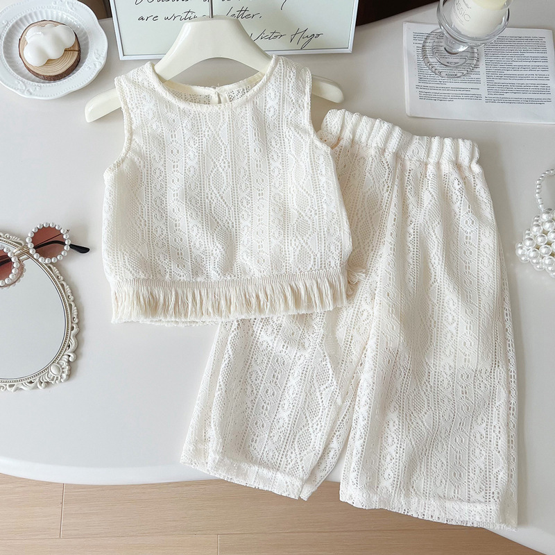 Girls' New Summer suit Korean-style Thin Hollow-out Western-style Knitted Breathable Vest Fashionable Wide-leg Pants Two-piece Set