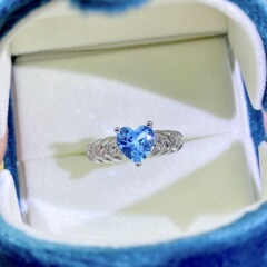 意大利拉絲工藝復古海藍寶石奢華方鑽戒指中古宮廷風滿鑽心形女戒