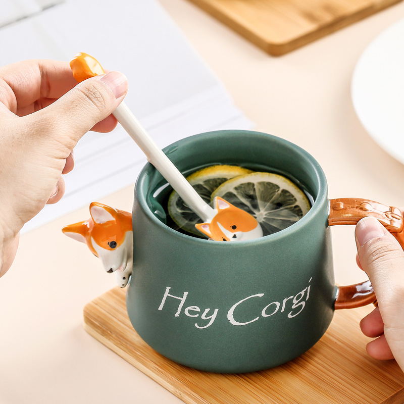Cerámica Shiba Inu Corgi pintada a mano pequeña cuchara niños alimentación del bebé lindo suplemento alimenticio de dibujos animados cuchara de sopa cuchara hogar