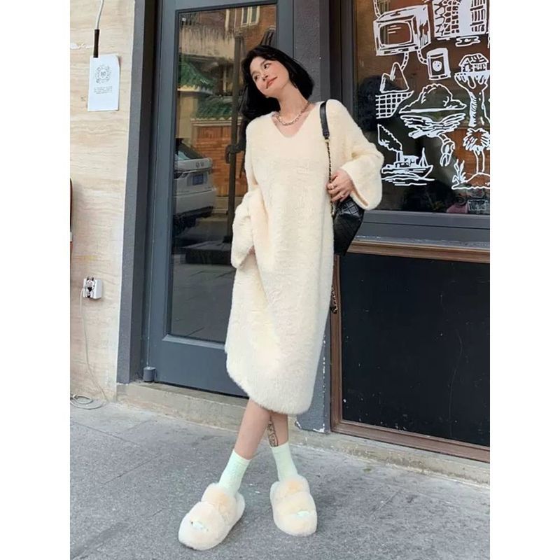 水貂绒毛衣裙女秋冬高级感气质显瘦御姐长款打底内搭针织连衣裙子|undefined