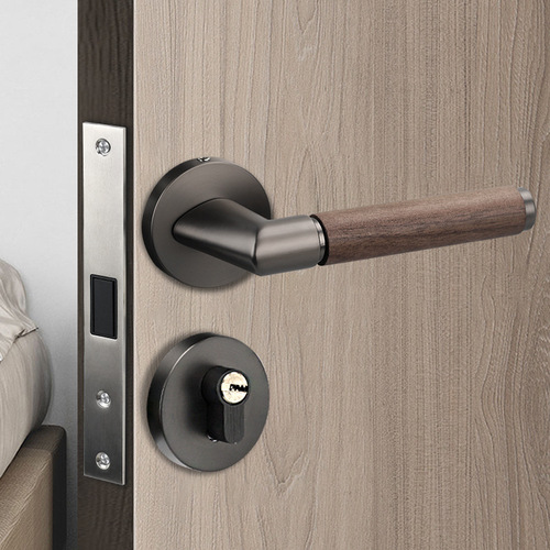 LeLang Aluminum Solid Walnut Wood Handle Door Lock, Bathroom Door Room Door Silent Magnetic Absorption Lock Body Handle Lock