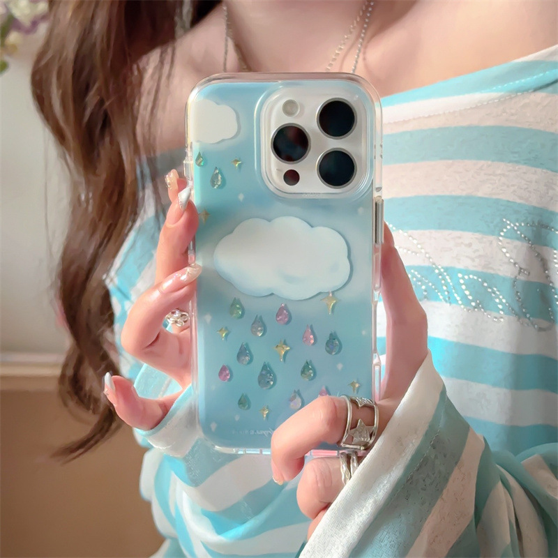 Ins viento mancha gotas de lluvia de diamantes de imitación azules para iPhone 16ProMax funda para teléfono móvil 13 Apple 14/15 chica de nicho