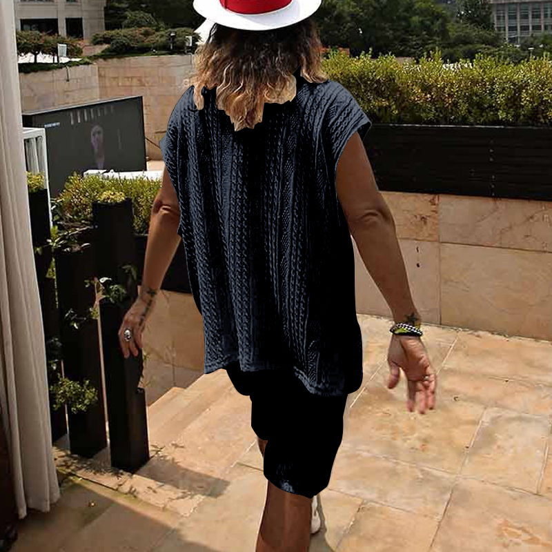 Men's Summer Jacquard Knit Short Sleeve Shirt And Shorts Set, Comfortable Casual Lounge Wear_viptrois.com