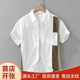 轻奢潮牌男士拼接短袖衬衫夏季新款时尚百搭文艺休闲宽松衬衣男装