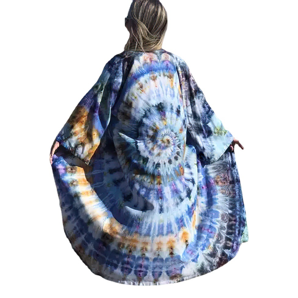 5D145 europea y americana nueva playa cardigan tie-dyed impreso vacaciones falda kimono cardigan bikini protección solar camisa