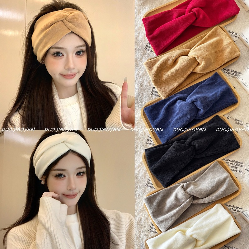 网红新款秋冬时尚纯色奥粒绒发带复古交叉防寒保暖头带发饰现货女|undefined