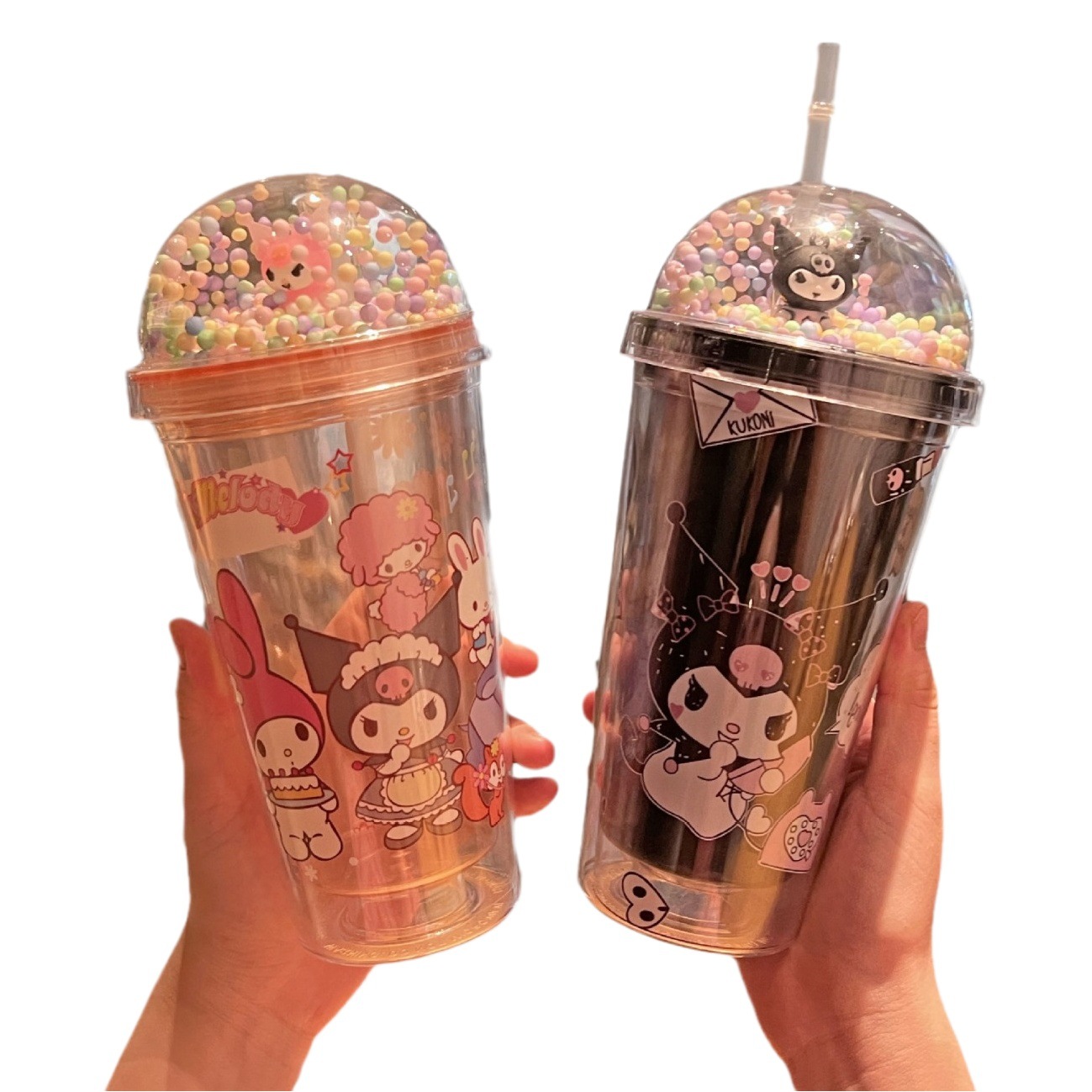 Vaso plástico Kuromi con pajilla, doble capa para viaje