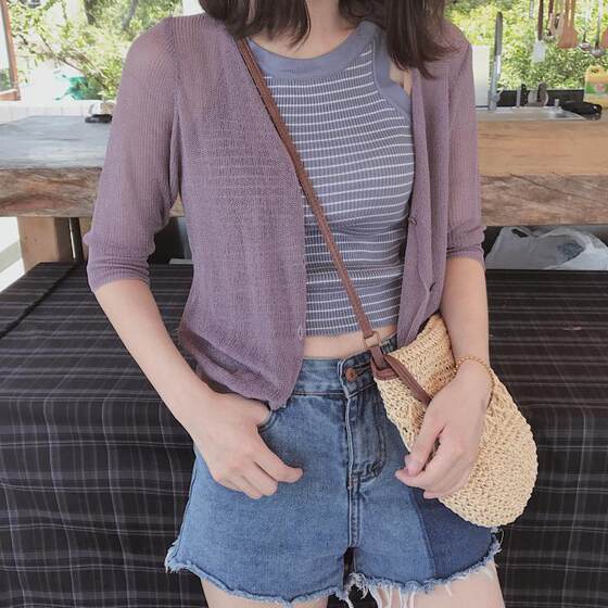 Ice Silk Knitted Cardigan Women's Summer Korean-style Loose Seven-point Sleeve Short Air-conditioning Shirt Outer Wear Sunscreen Thin Small Coat