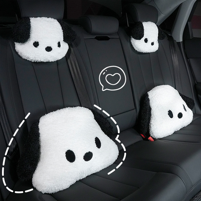 車のヘッドレスト枕、かわいい白黒の犬、四季通用車内インテリア枕、腰枕、クリエイティブな車用ネックピロー|undefined