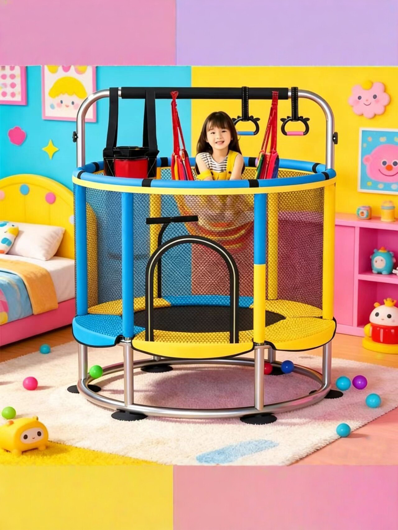 Trampolín de refuerzo y estabilidad doméstico con pasamanos de red de protección para niños recreativos indoor swing fitness trampolín image 4