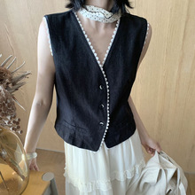韩系蕾丝拼接V领单排扣马甲背心女2025秋季新款百搭气质无袖上衣