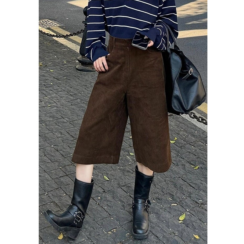 Vintage Corduroy Cropped Pants for Women, Straight Wide-Leg Shorts, Autumn and Winter High-Waisted Loose Slimming Casual Pants, 2025 Trend