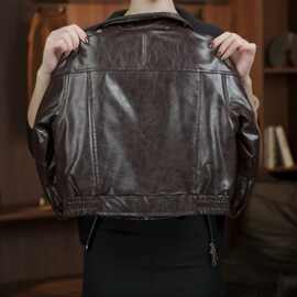 2025冬季新款宽松儿童重工双层领羊腿袖廓形皮夹克皮衣外套男女童