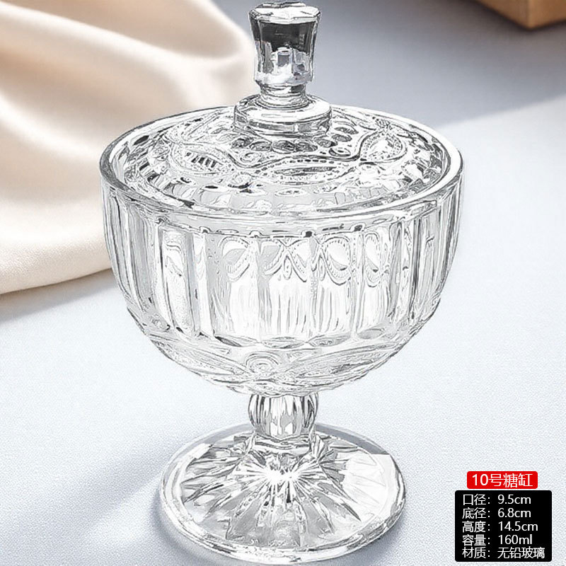 Tazón de cristal con tapa, vaso alto de cristal, tarro para dulces, plato para frutas, azucarero, plato pequeño para frutas, estilo europeo de lujo de alta gama.