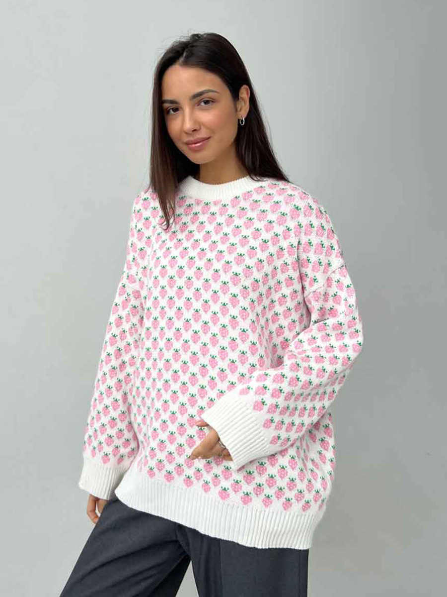 Suéter jacquard de fresa transfronteriza Europa y los Estados Unidos 2025, otoño y invierno nuevo collar redondo jersey suéter de impresión suelta para mujeres image 3