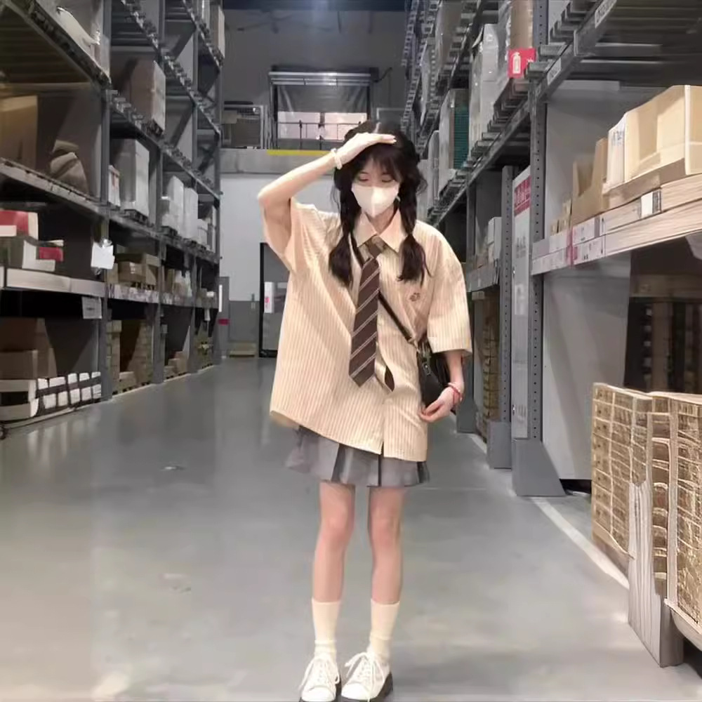 (2개) JK 유니폼 세트 봄과 여름 줄무늬 반팔 셔츠 여성 디자인 센스 틈새 캐주얼 일본 대학 스타일 셔츠