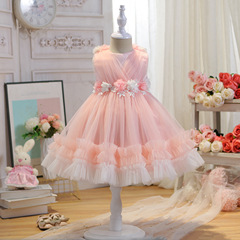 暢銷花朵束腰禮服公主裙柔軟可愛兒童禮服裙子無袖網紗女童連衣裙