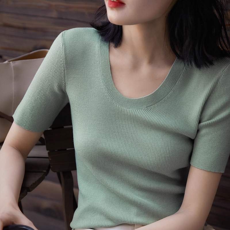 New Fashion Wool Short-sleeved Knitwear T-shirt High-end Turtleneck Inner Short U-collar Base Shirt Top for Women