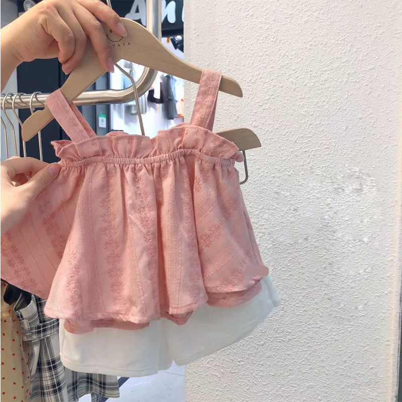 女寶寶吊帶背心夏裝套裝新款小童小女孩洋氣可愛嬰兒娃娃棉質上衣