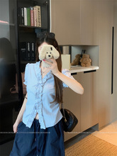 法式蓝色条纹v领短袖衬衫女装夏季设计感木耳边衬衣甜美短款上衣