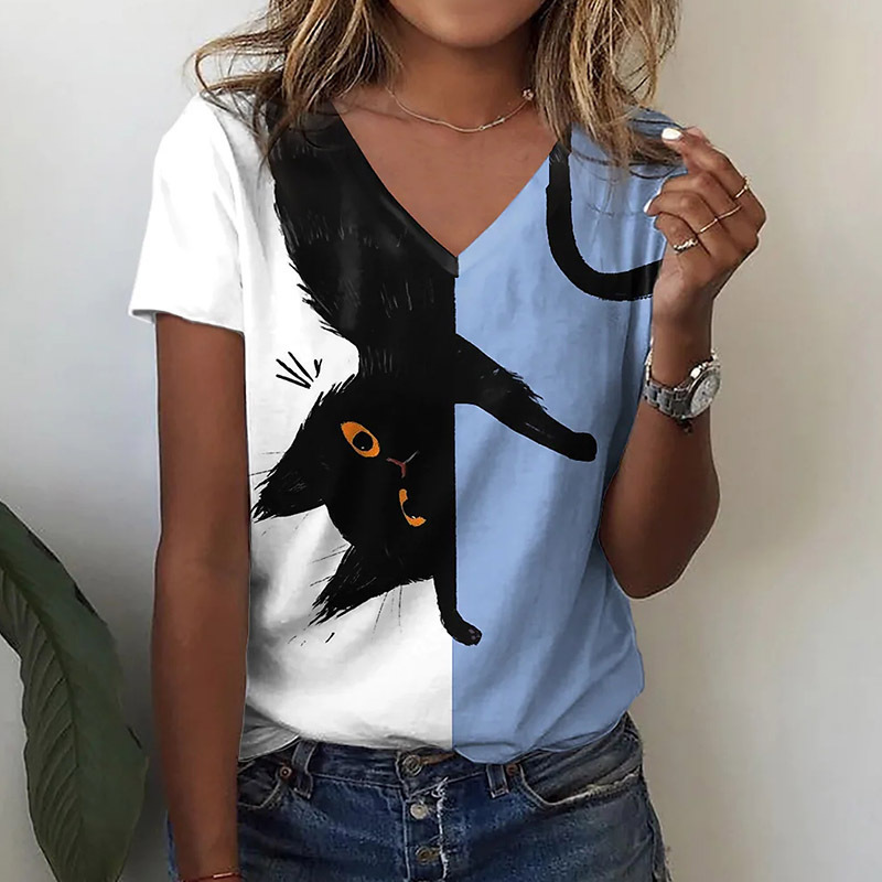 Casual Fashion V-Neck Short Sleeve T-Shirt T-Shirt Funny Girls Women Clothes Cat Print Graphics Women 3D Kawaii
