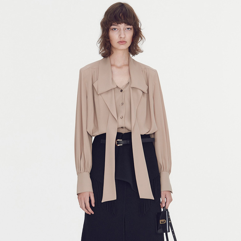 Korean Style Shirt for Women 2025 Spring and Summer Khaki Scarf Collar Casual Elegant Designer Long-Sleeved Shirt for Women