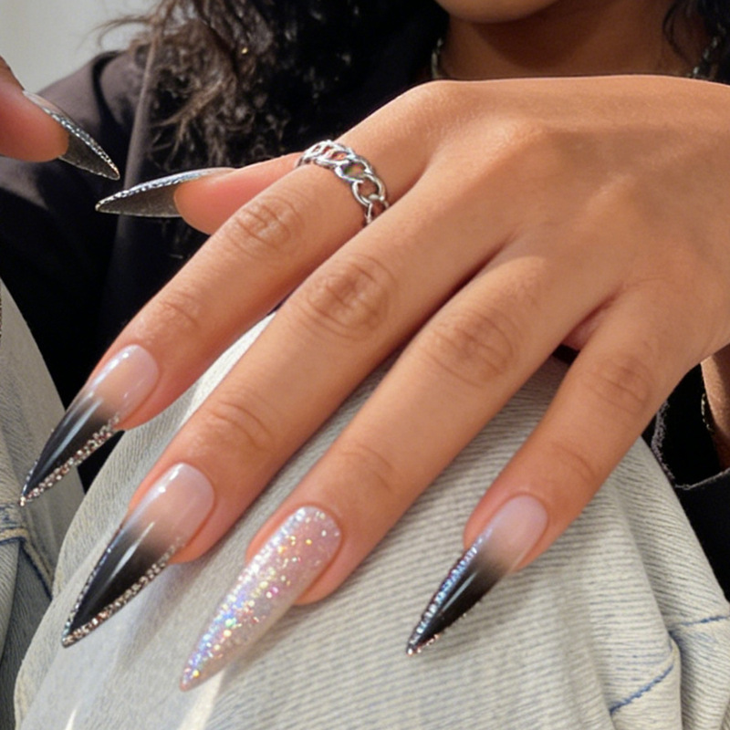 Cross-Border European and American Long Pointed Gradient Glitter Wearable Nail Art Fake Nails Nail Stickers 24 Pieces Wholesale
