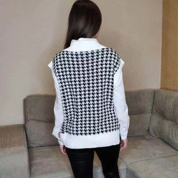 wholesale clothing vendors Nihaostyles houndstooth V-neck loose casual knitted vest NSBY66761