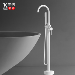 European style full copper retro freestanding bathtub cold and hot water faucet wooden bucket column basin independent edge standing shower head